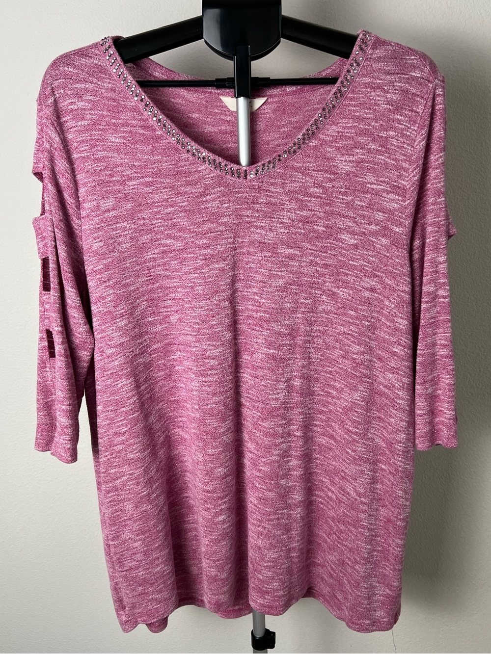 Y2K Casual Boho Soft Girl Glam Pink Marled Rhinestone Ladder Sleeve Top Plus 1X